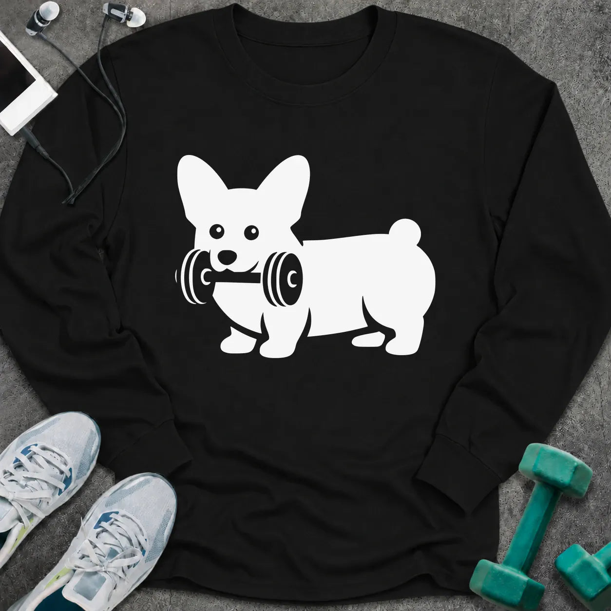 Black long sleeve tee printed with a corgi carrying a dumbbell in white