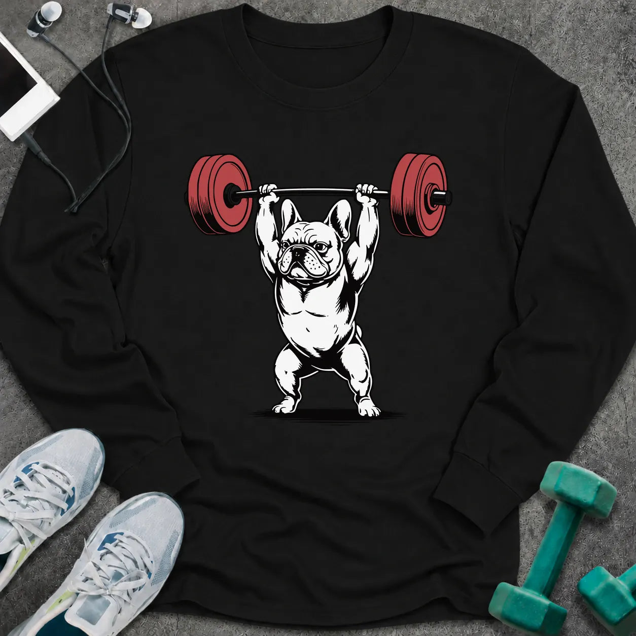 Black long sleeve tee printed with a french bulldog pressing a barbell overhead