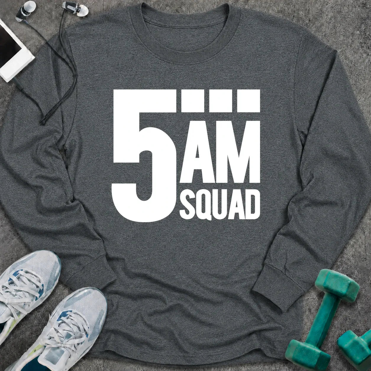 Dark heather long sleeve tee printed with "5AM Squad" in white block lettering