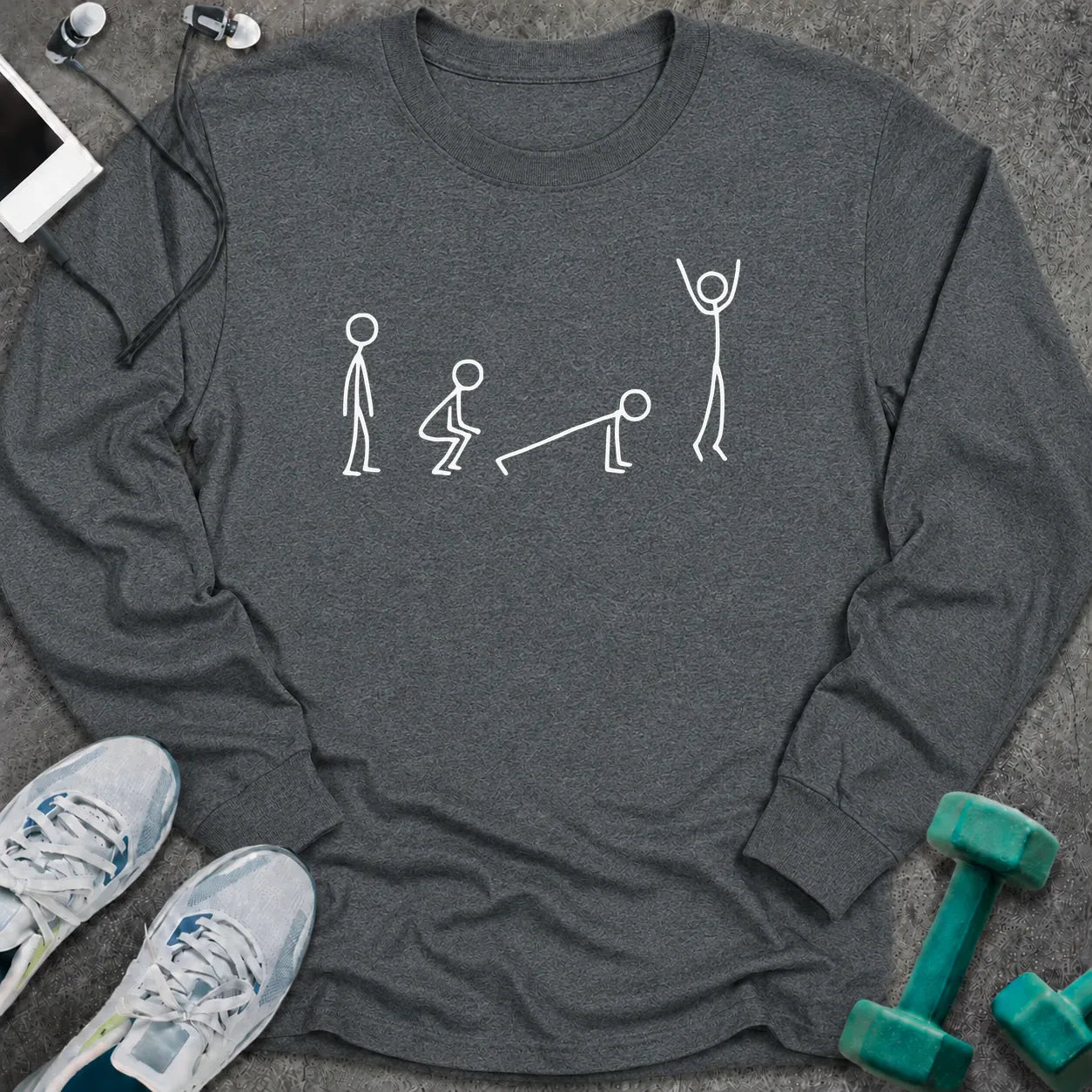 Dark heather long sleeve tee printed with stick figures moving through the four stages of a burpee in white