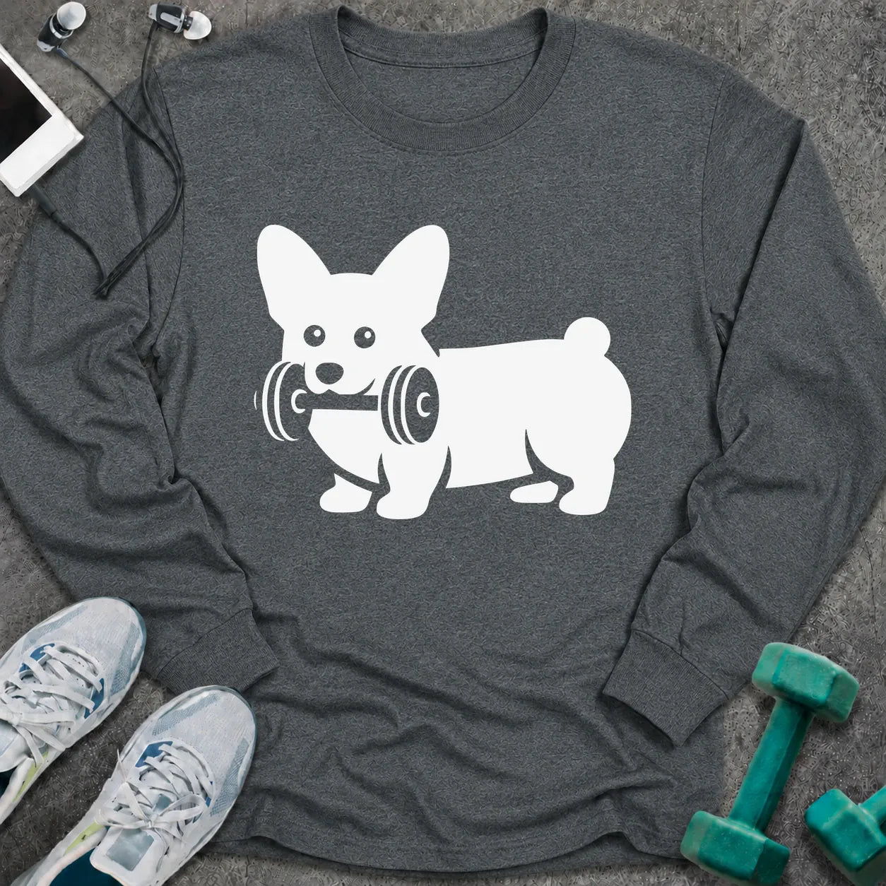 Dark heather long sleeve tee printed with a corgi carrying a dumbbell in white