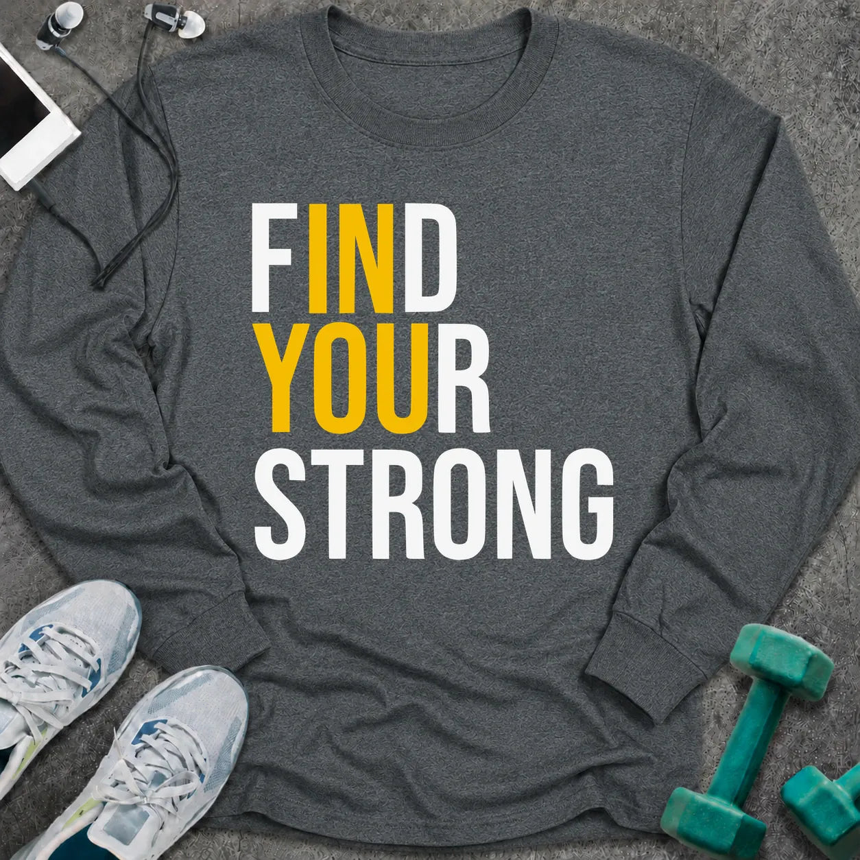 Dark heather long sleeve tee printed with "Find Your Strong" in white and yellow