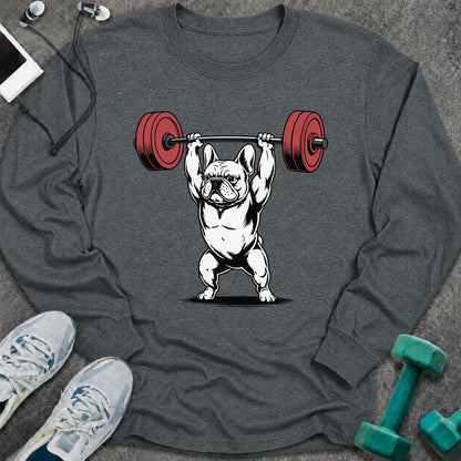 Dark heather long sleeve tee printed with a french bulldog pressing a barbell overhead