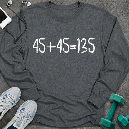 Dark heather long sleeve tee printed with "45+45=135" in white chalk-style lettering