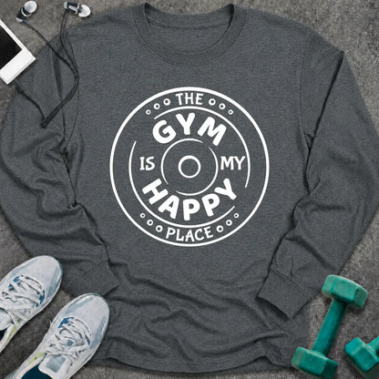 Dark heather long sleeve tee printed with "The Gym Is My Happy Place" in white, with a round badge around the words