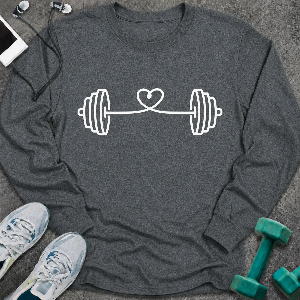 Dark heather long sleeve tee printed with a barbell strung with a looping heart in white