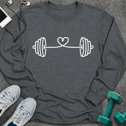Dark heather long sleeve tee printed with a barbell strung with a looping heart in white
