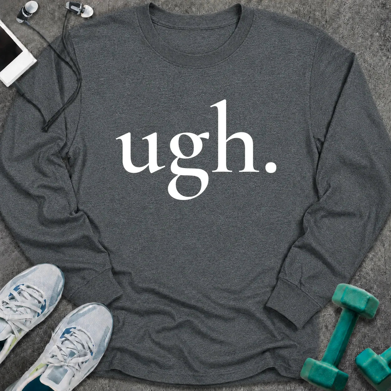 Dark heather Long-sleeve printed with "ugh." in white