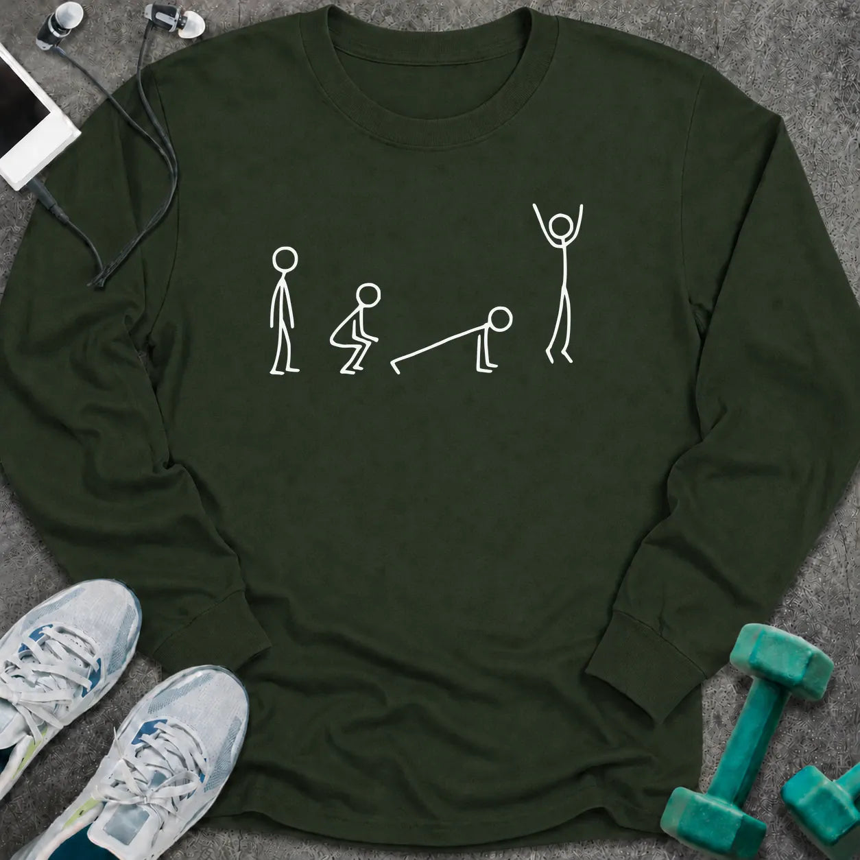 Forest green long sleeve tee printed with stick figures moving through the four stages of a burpee in white