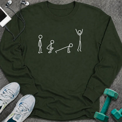 Forest green long sleeve tee printed with stick figures moving through the four stages of a burpee in white