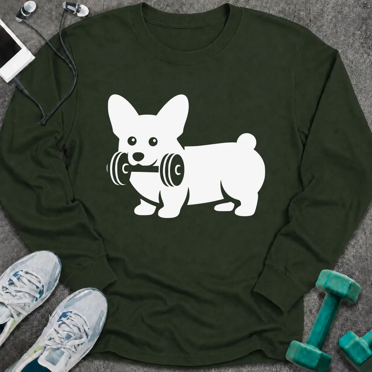 Forest green long sleeve tee printed with a corgi carrying a dumbbell in white