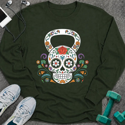 Forest green long sleeve tee printed with a sugar skull kettlebell covered in colorful flowers