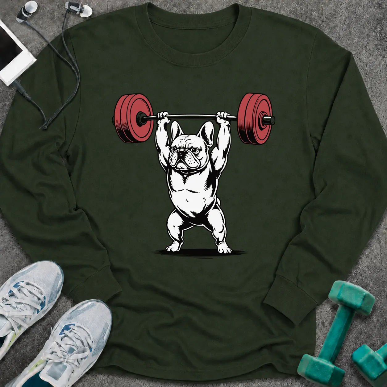 Forest green long sleeve tee printed with a french bulldog pressing a barbell overhead