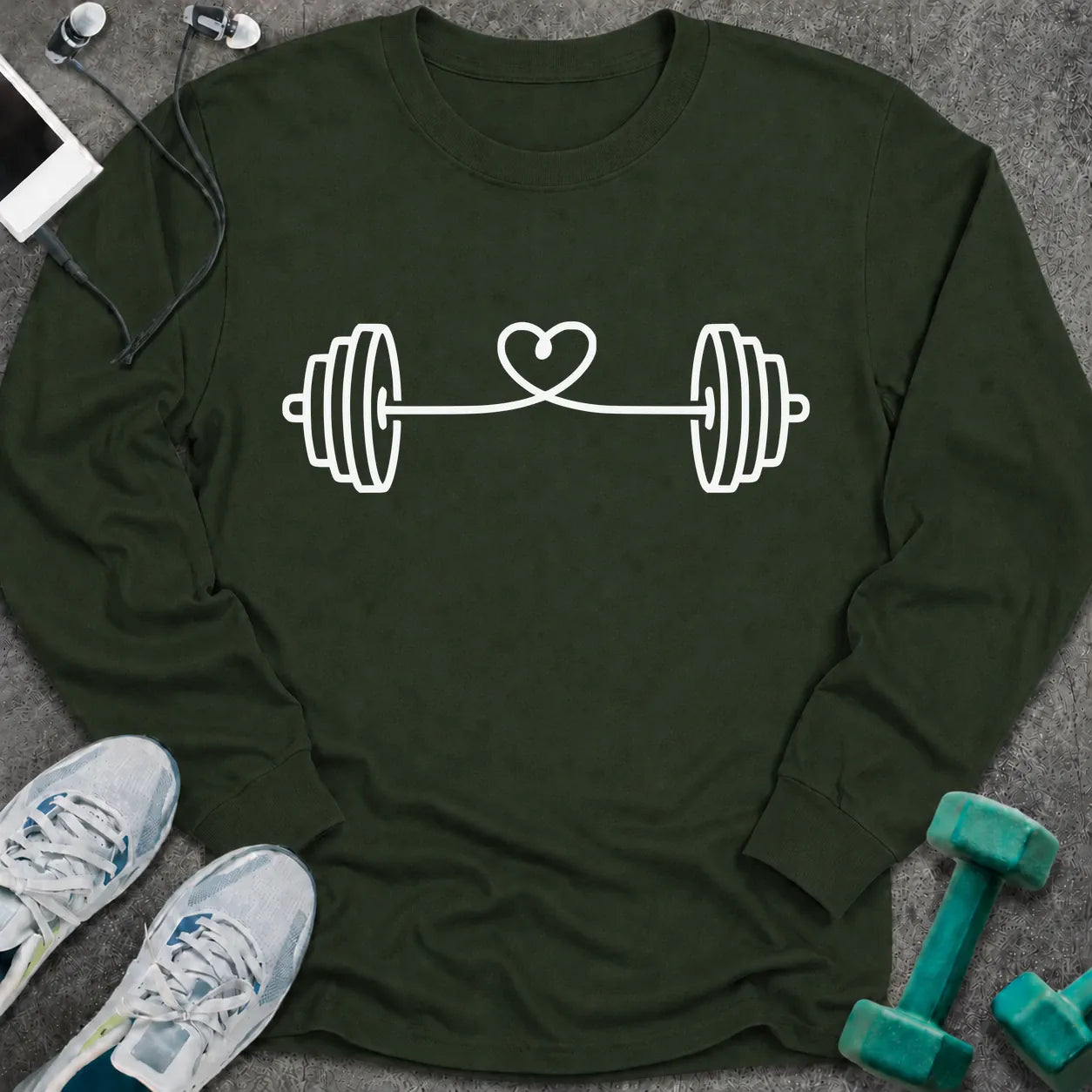 Forest green long sleeve tee printed with a barbell strung with a looping heart in white