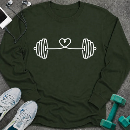 Forest green long sleeve tee printed with a barbell strung with a looping heart in white