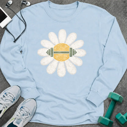 Light blue long sleeve tee printed with a white daisy with a barbell through its center