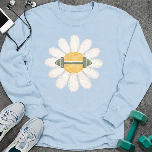 Light blue long sleeve tee printed with a white daisy with a barbell through its center