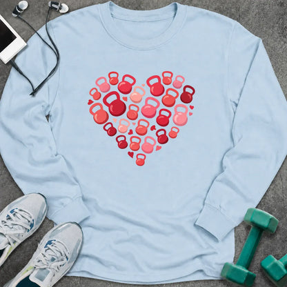 Light blue long sleeve tee printed with a heart built from red and pink kettlebells