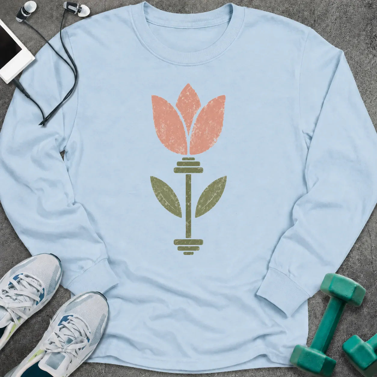 Light blue long sleeve tee printed with a pink tulip growing from a barbell stem