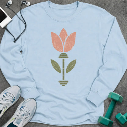 Light blue long sleeve tee printed with a pink tulip growing from a barbell stem