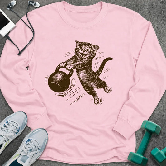 Light pink long sleeve tee printed with a sepia sketch of a cat swinging a kettlebell