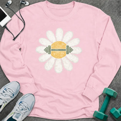 Light pink long sleeve tee printed with a white daisy with a barbell through its center