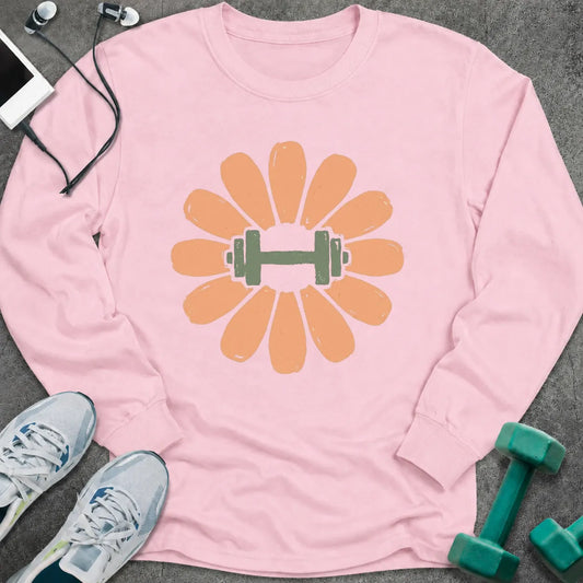 Light pink long sleeve tee printed with a peach flower with a green dumbbell at its center