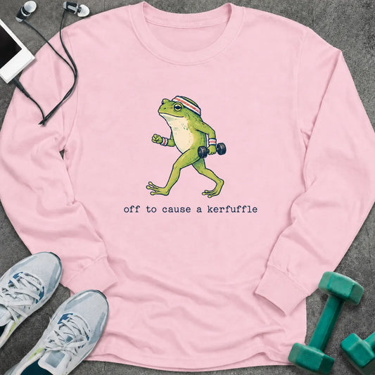 Light pink long sleeve tee printed with "off to cause a kerfuffle" in black, with a green frog carrying dumbbells