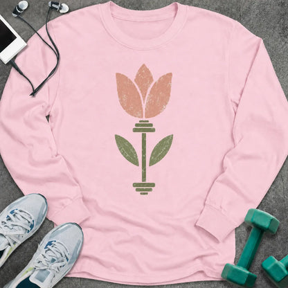 Light pink long sleeve tee printed with a pink tulip growing from a barbell stem