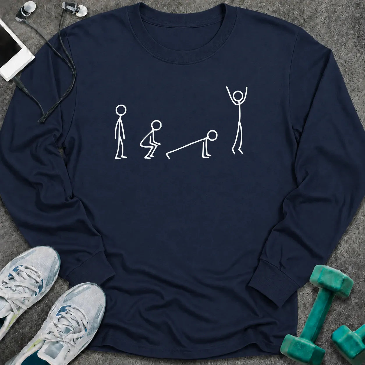 Navy long sleeve tee printed with stick figures moving through the four stages of a burpee in white