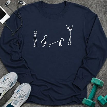 Navy long sleeve tee printed with stick figures moving through the four stages of a burpee in white