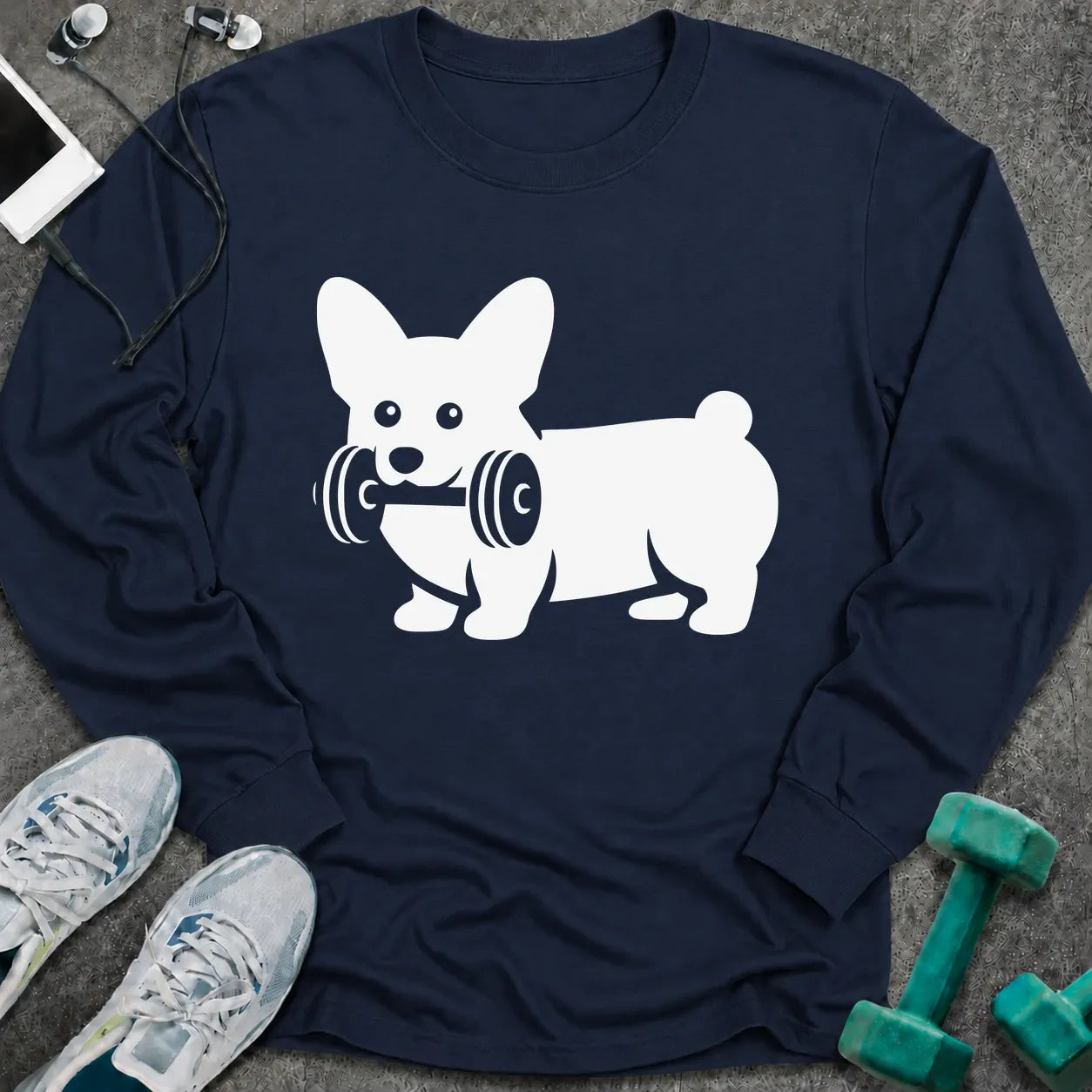 Navy long sleeve tee printed with a corgi carrying a dumbbell in white