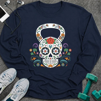 Navy long sleeve tee printed with a sugar skull kettlebell covered in colorful flowers