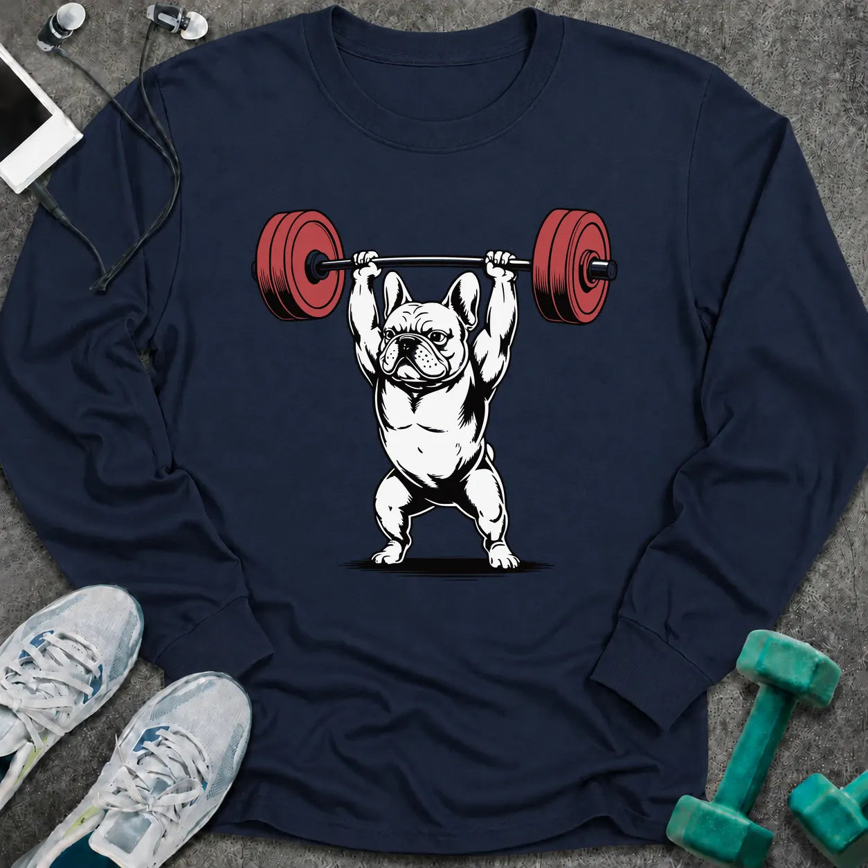 Navy long sleeve tee printed with a french bulldog pressing a barbell overhead