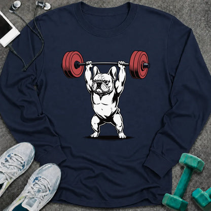 Navy long sleeve tee printed with a french bulldog pressing a barbell overhead