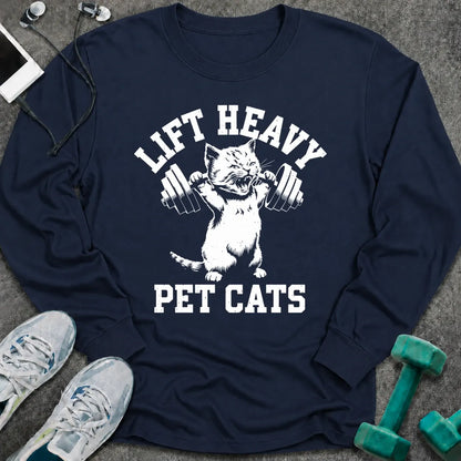 Navy long sleeve tee printed with "Lift Heavy Pet Cats" in white, with a cat lifting dumbbells
