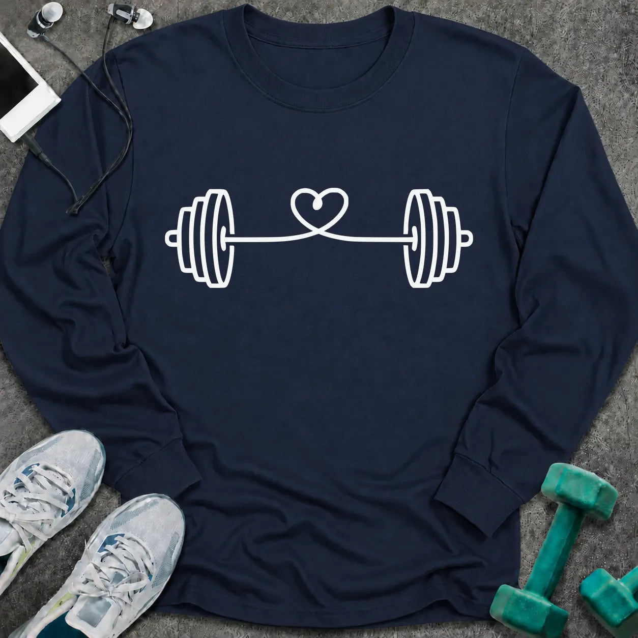 Navy long sleeve tee printed with a barbell strung with a looping heart in white