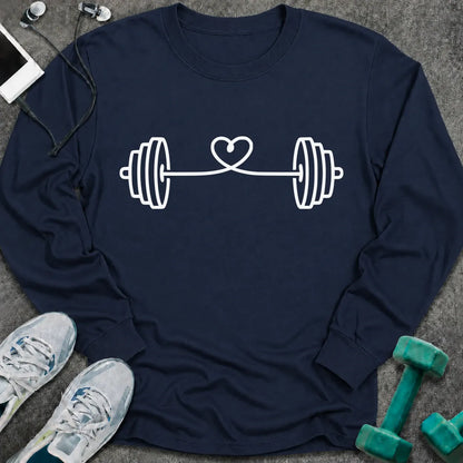 Navy long sleeve tee printed with a barbell strung with a looping heart in white