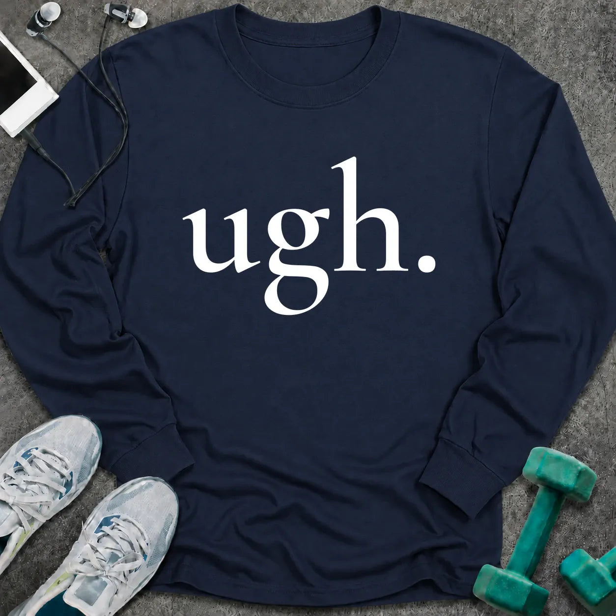 Navy Long-sleeve printed with "ugh." in white