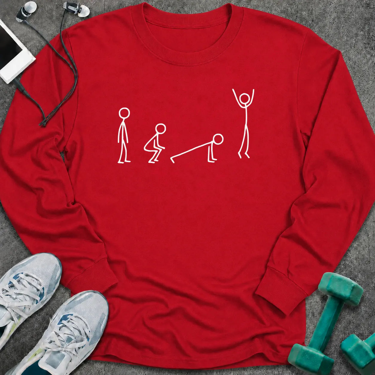 Red long sleeve tee printed with stick figures moving through the four stages of a burpee in white