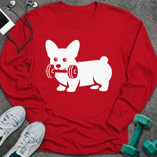Red long sleeve tee printed with a corgi carrying a dumbbell in white