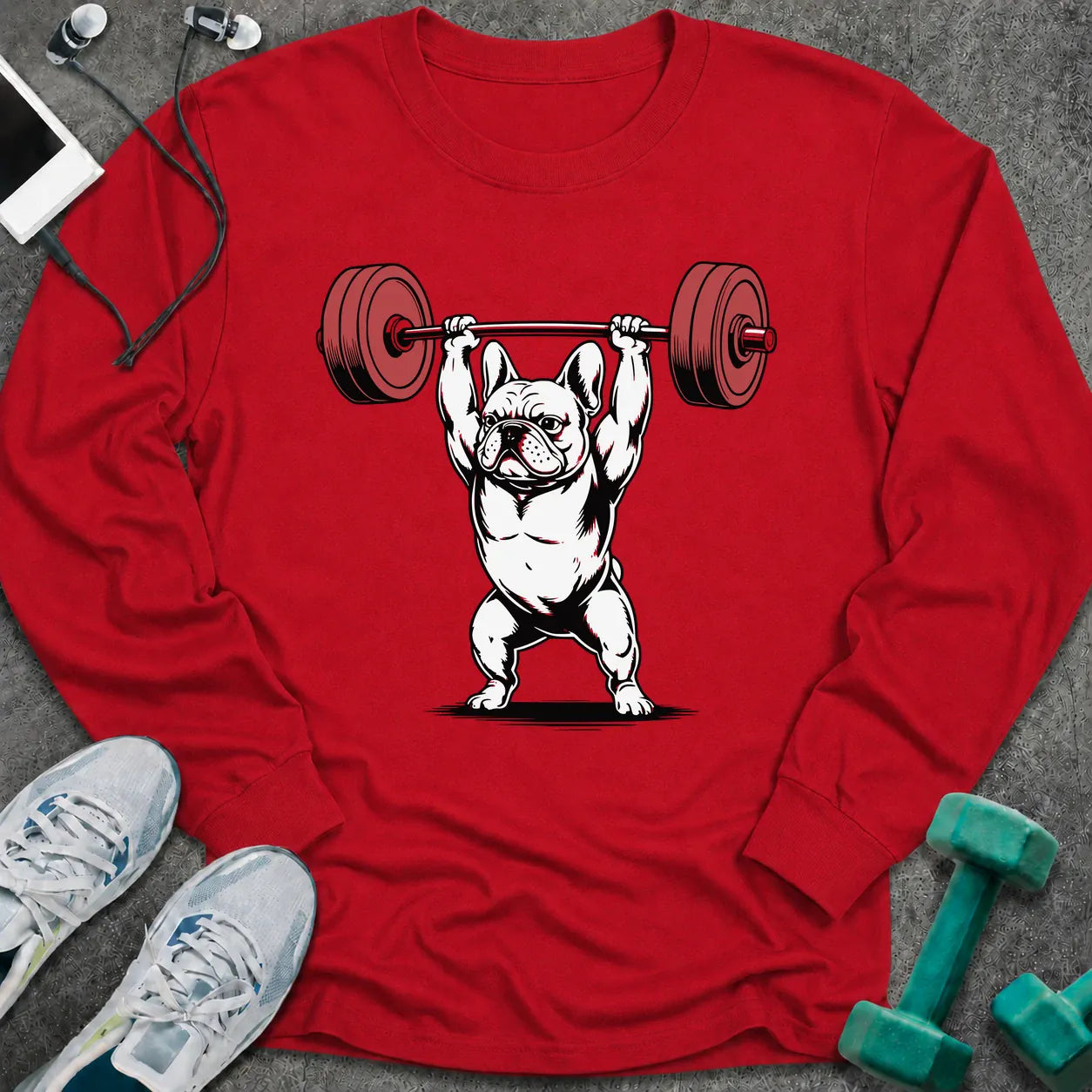 Red long sleeve tee printed with a french bulldog pressing a barbell overhead
