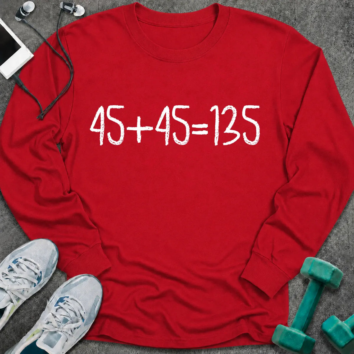 Red long sleeve tee printed with "45+45=135" in white chalk-style lettering