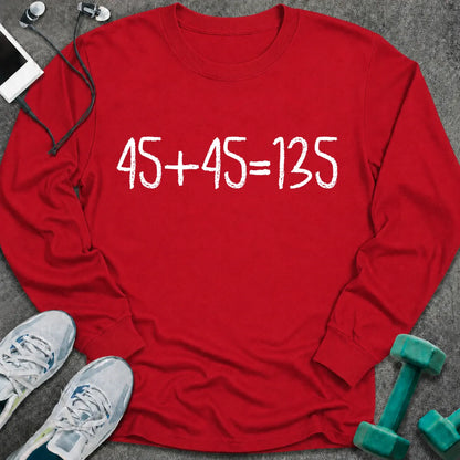 Red long sleeve tee printed with "45+45=135" in white chalk-style lettering