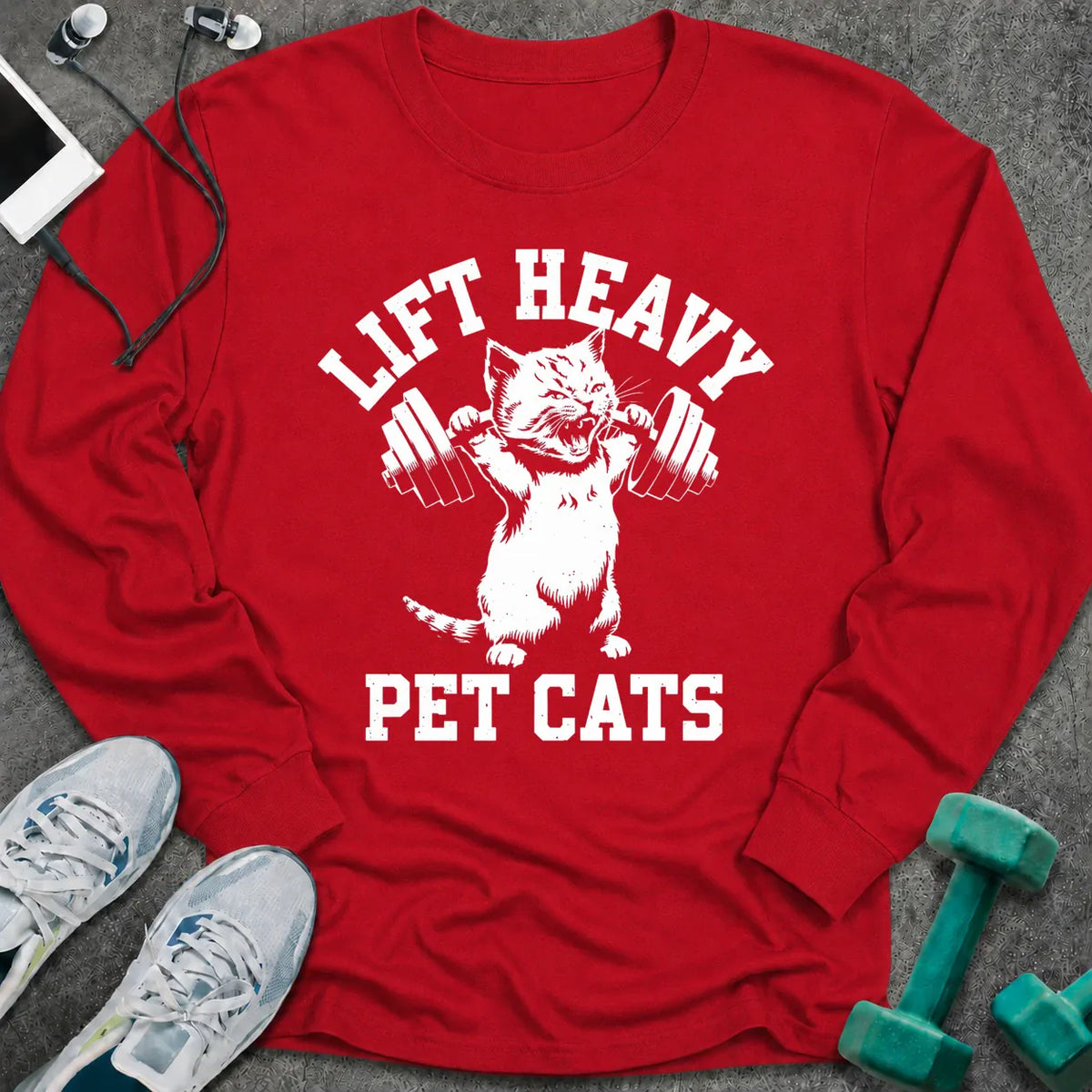 Red long sleeve tee printed with "Lift Heavy Pet Cats" in white, with a cat lifting dumbbells