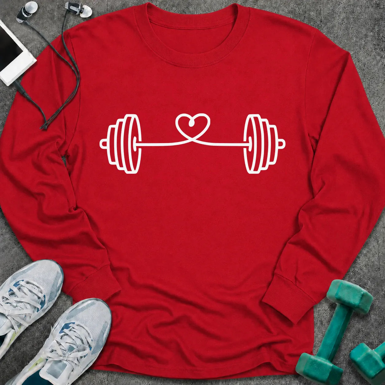 Red long sleeve tee printed with a barbell strung with a looping heart in white