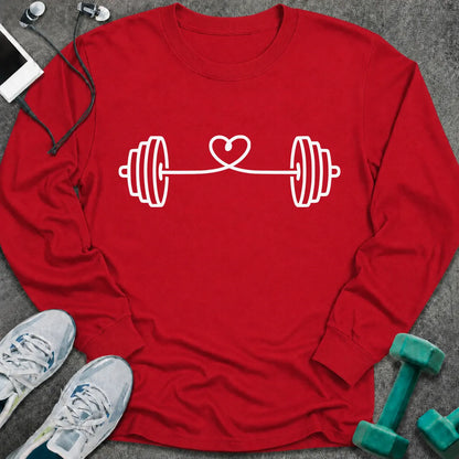 Red long sleeve tee printed with a barbell strung with a looping heart in white