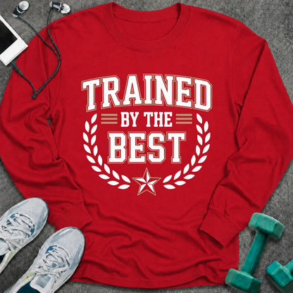Red long sleeve tee printed with "Trained By The Best" in white, with a laurel wreath and star