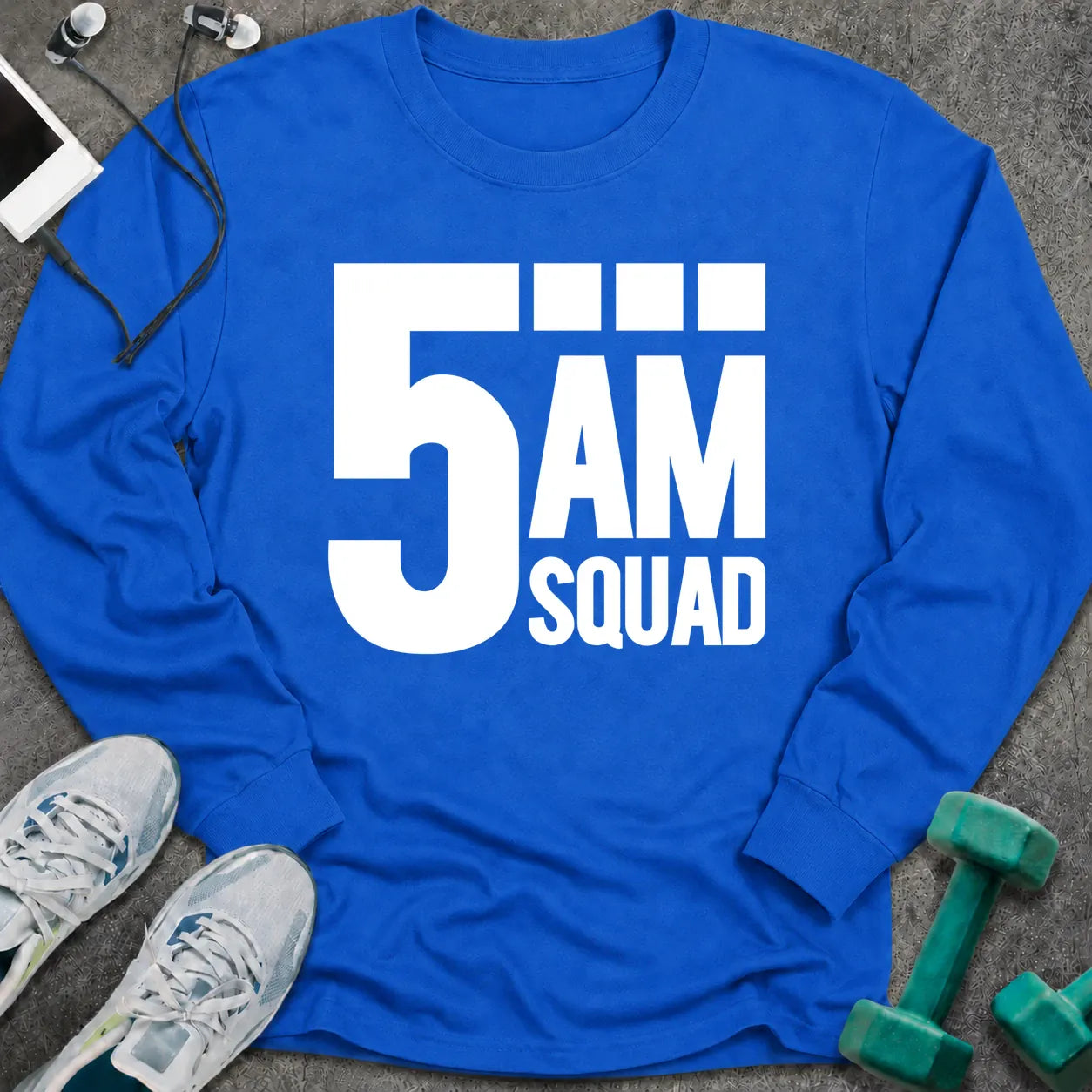 Royal long sleeve tee printed with "5AM Squad" in white block lettering