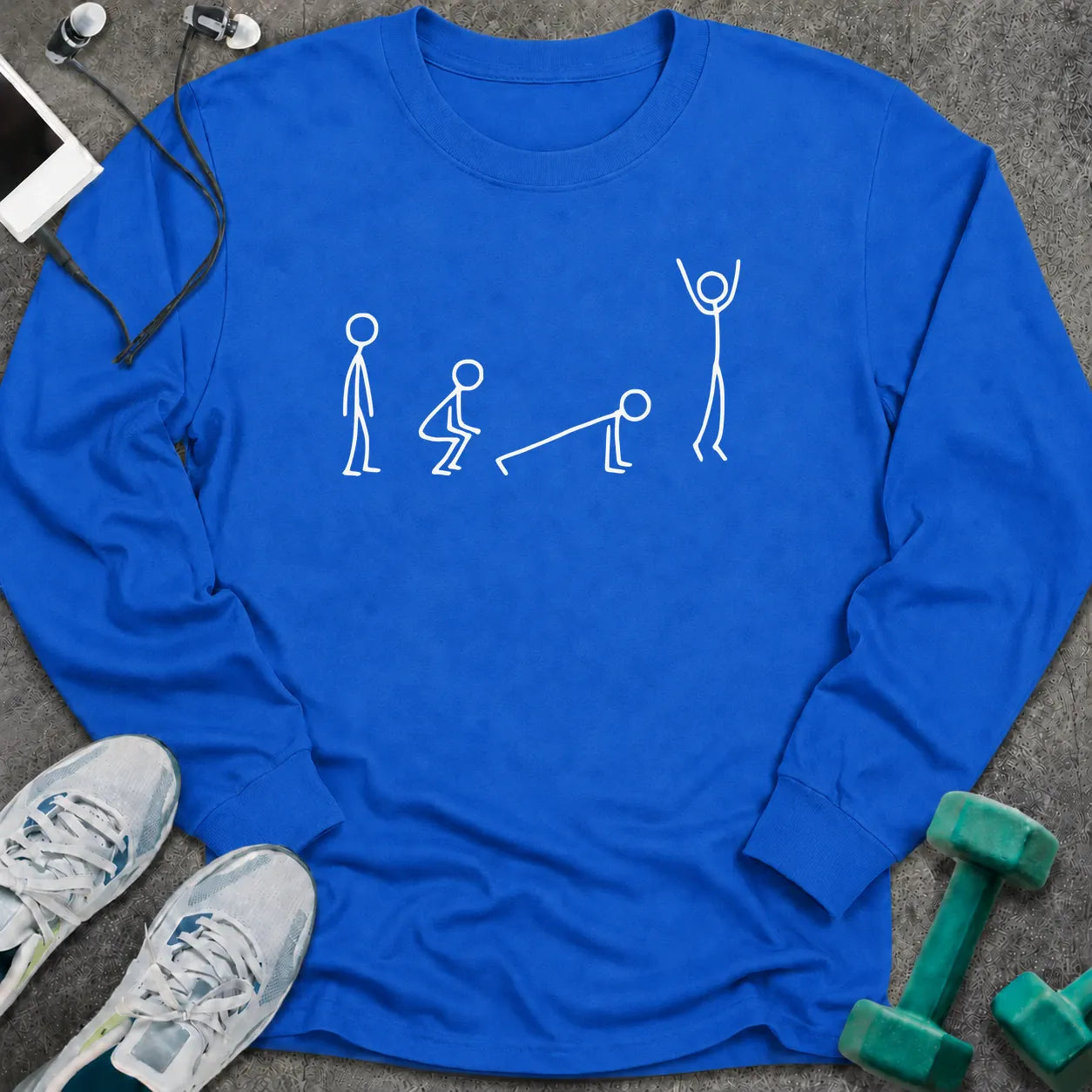 Royal long sleeve tee printed with stick figures moving through the four stages of a burpee in white